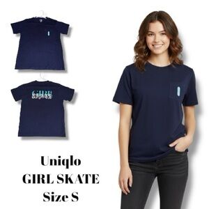 Uniqlo Top UT x Girl Skateboards Navy Blue Pocket T-Shirt Y2K Skater Tee Size S
